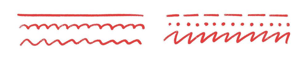 Red crayon underline collection - straight lines, waves, dots, rough strokes in marker texture. vector