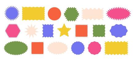 Different geometric shapes with zig zag wavy edge. Rectangle, Oval, Circle, Square. set color elements for design frame, stamp, template and badges vector