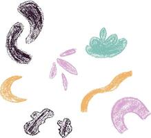 Various hand drawn scribbled shapes and object. Crayon strokes with grunge texture isolated on white vector