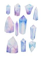 Watercolor crystals set, with different shapes and colors vector