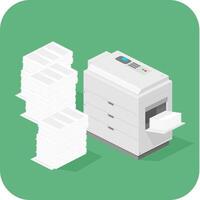 Isometric Photocopier Printer Surrounded by Stacks of Messy Paper Documents - Flat Icon Color Illustration vector