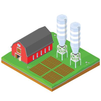 Isometric illustration American barn Farm with crops and storage silos - Color Icon Illustration