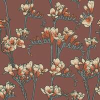 hand drawn line art freesia flowers. Seamless pattern painted on a chocolate background. Suitable for the design of wallpaper, wrapping paper, posters, prints, fabrics, apparel. vector