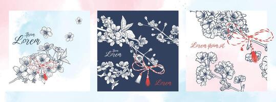 Martisor cherry blossom tree branches with red and white ribbon thread for 1st of March visuals in square format. vector