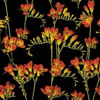 hand drawn line art freesia flowers. Seamless pattern painted on a black background. Suitable for the design of wallpaper, wrapping paper, posters, prints, fabrics, apparel. vector