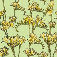 hand drawn line art freesia flowers. Seamless pattern painted on a spring background. Suitable for the design of wallpaper, wrapping paper, posters, prints, fabrics, apparel. vector