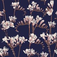 hand drawn line art freesia flowers. Seamless pattern painted on an elegant background. Suitable for the design of wallpaper, wrapping paper, posters, prints, fabrics, apparel. vector