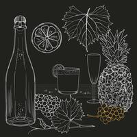 Pisco Punch alcool ingredients on dark background with hand drawn grapes, pineapple, lemon, lemon slice, grape leaves, champagne bottle. easy to edit white outline illustration on a black background. vector