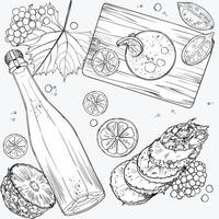 Pisco Punch line art cocktail and ingredients used. Lemon, Pineapple, grape, pisco, champagne, orange, grapes, line art, hand drawn. Outline separate from fill. Easy to edit, ready to use. vector