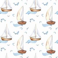 Sailboat one mast on waves and small fish hand drawn by seamless pattern. Nautical design textile in watercolor . Fishes and sail vessel on background isolated. Element for packaging, marine products. vector