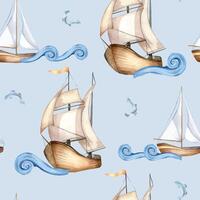 Various Sailboats on curly waves and small fishes hand drawn by seamless pattern. Marine art design textile in watercolor . Fishes and sailing ships for background. Ocean scene for packaging, print. vector