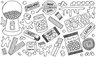 Bubble gum doodle set. Hand drawn kinds of bubble gum sketch set. Chewing pads with mint, bubblegum roll, balls, pillows and sticks. vector