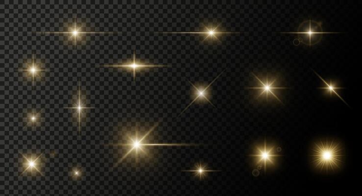 light effects set. Set of yellow glowing light burst on transparent background. Transparent glowing light sunlight effect for web design