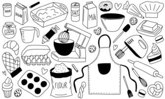 Baking and cooking tools hand drawn doodle set. Apron, mixer, scale, spoon, cake, flour, rolling pin vector