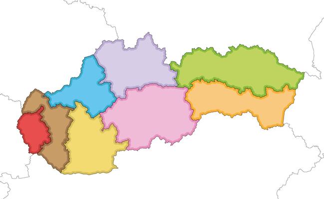 illustrated blank map of Slovakia or Slovak Republic with regions and administrative divisions, and neighbouring countries and territories. Editable and clearly labeled layers.