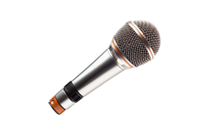 Microphone, a handheld audio capturing device featuring a sleek design with a silver mesh head and silver body, perfect for performances, recordings, and public speaking engagements. png