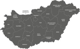regional black and white map of Hungary with counties or territories and administrative divisions. Editable and clearly labeled layers. vector