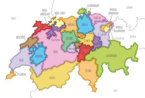illustrated regional map of Switzerland with cantons and administrative divisions, and neighbouring countries and territories. Editable and clearly labeled layers. vector