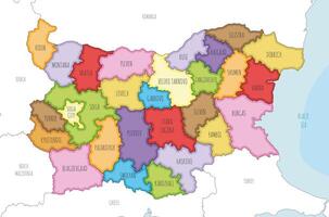 illustrated regional map of Bulgaria with provinces and administrative divisions, and neighbouring countries and territories. Editable and clearly labeled layers. vector