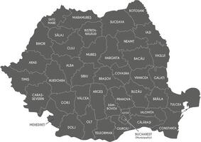 regional black and white map of Romania with counties or territories and administrative divisions. Editable and clearly labeled layers. vector