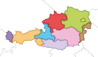 illustrated regional blank map of Austria with federal states and administrative divisions, and neighbouring countries and territories. Editable and clearly labeled layers. vector