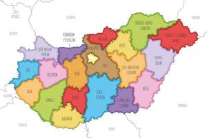 illustrated regional map of Hungary with counties and administrative divisions, and neighbouring countries and territories. Editable and clearly labeled layers. vector