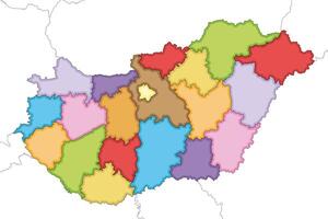 illustrated regional blank map of Hungary with counties and administrative divisions, and neighbouring countries and territories. Editable and clearly labeled layers. vector