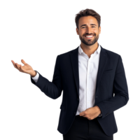 Smiling businessman with his open palm extended to the side against transparent background for business or professional context png