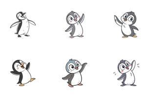 Penguin cartoon set of six penguins, each with different expressions vector