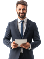 Smiling Businessman in a Formal Wear Using a Tablet against transparent background for Professional Context png