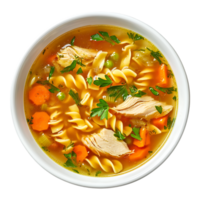 Chicken Noodle Soup top view over Transparent Background for Culinary, Comfort Food, or Recipe Design Projects png