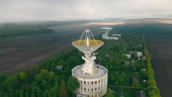 Flight near the astronomical radio telescope. Space exploration using a radio telescope. video