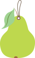 Illustration of a pear-shaped tag, featuring a fresh green pear with a leaf and a loop for attachment. png