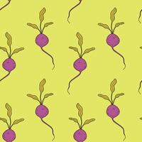 Pattern with beets on a yellow background. Vegetable seamless pattern with beet, radish, radish, root vegetable vector