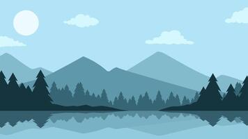 Landscape of mountain lake scenery. Panoramic view of mountain and pine forest with serene lake. Illustration of tranquil landscape with coniferous trees and mountain reflection on the water vector