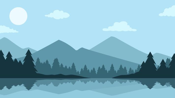 Landscape of mountain lake scenery. Panoramic view of mountain and pine forest with serene lake. Illustration of tranquil landscape with coniferous trees and mountain reflection on the water