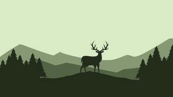 Wildlife landscape of deer silhouette on a mountain ridge scenery. Panoramic view of deer on a hill with coniferous tree. Illustration of scenic landscape with deer in the pine forest vector
