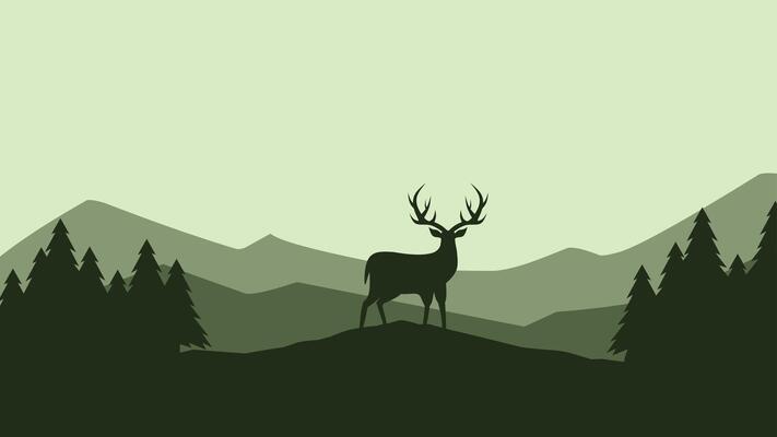 Wildlife landscape of deer silhouette on a mountain ridge scenery. Panoramic view of deer on a hill with coniferous tree. Illustration of scenic landscape with deer in the pine forest