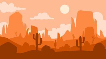 Desert landscape of canyon scenery with cactus and butte. Panoramic view of wild west desert with cacti and a sunset sky. Illustration of the scenic arizona desert with buttes and mesas vector