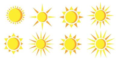 Set of bright yellow suns in cartoon style. Illustration of shining suns with long and short rays isolated on white background. vector