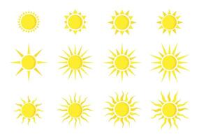 Set of bright yellow suns in cartoon style. Flat illustration of shining suns with long and short rays isolated on white background. vector
