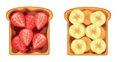 Set of sweet sandwiches with different fillings isolated on a white background. Flat illustration of toasts with chocolate and strawberries and bananas with peanut butter in cartoon style. vector