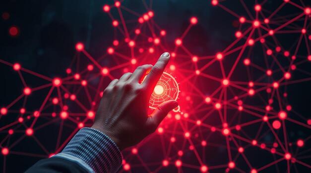 Illuminated fingertip connecting to a neural network on a dark red background photo