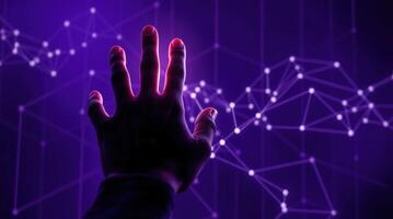 Futuristic technology concept with human hand touching glowing data grid on purple background photo