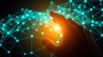 A human hand interacting with a neural network on a teal background, symbolizing digital transformation. photo