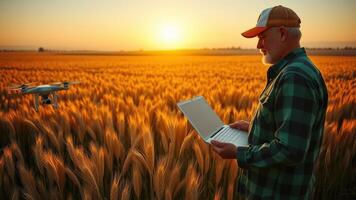 Drone flying over golden wheat field during autumn harvest season photo