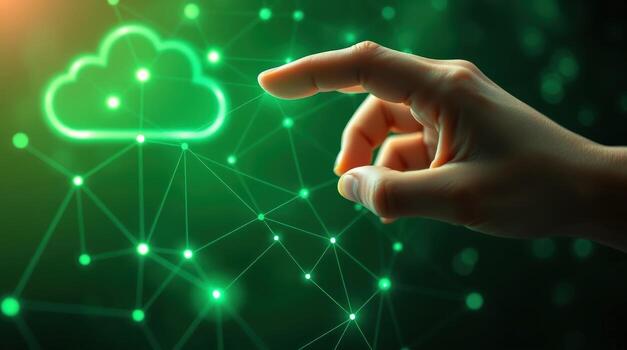 A human hand touching a glowing cloud network with digital connections and abstract geometric lines. photo