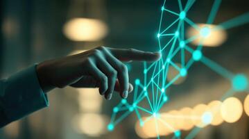 Abstract geometric lines representing a neural network with illuminated fingertip and ethereal light effects. photo