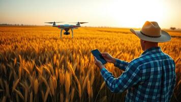 Farmer in a blue checkered shirt using smartphone for smart farming technology photo