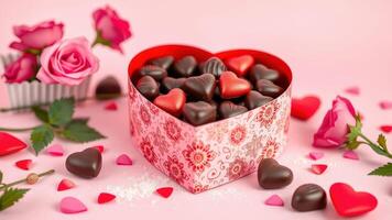 Open Valentine chocolate box with glossy candies and soft pastel backdrop and copy space photo